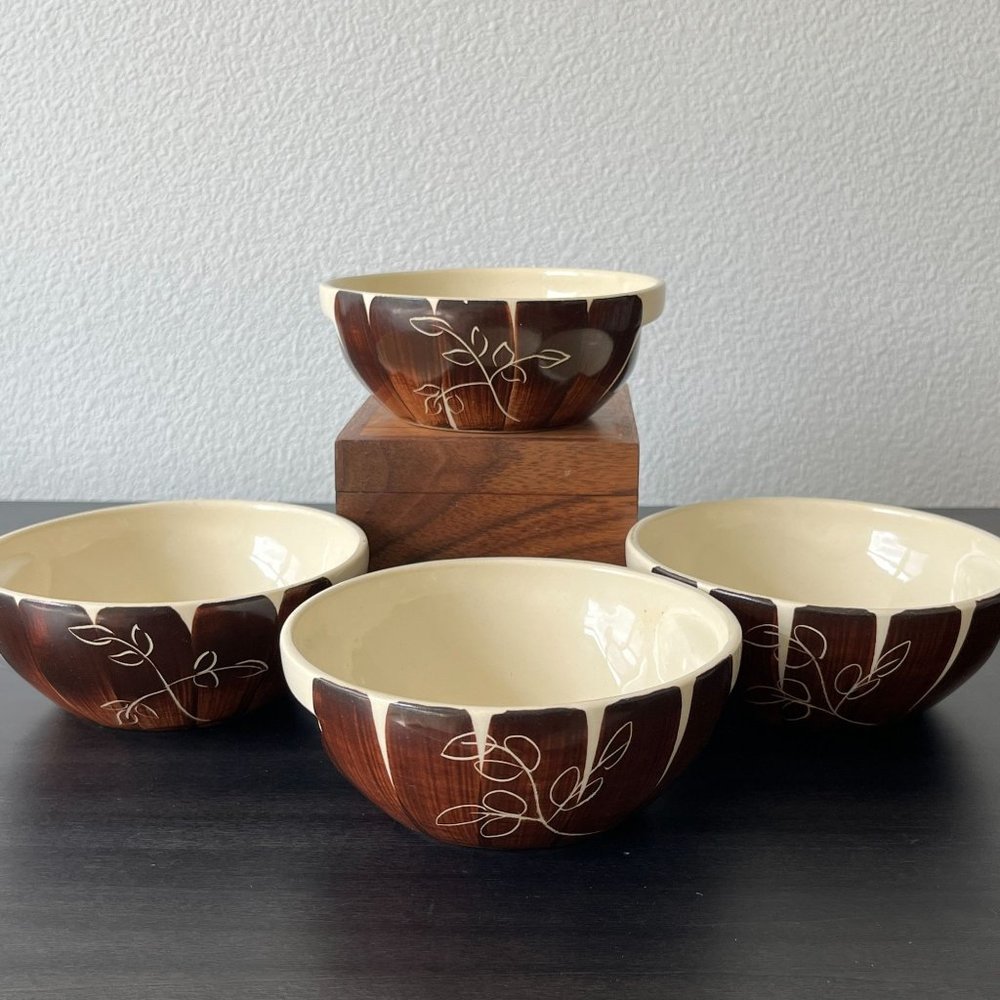 Purinton Pottery Brown Intaglio Cereal Bowls // Set of 4 // Vintage 1950s